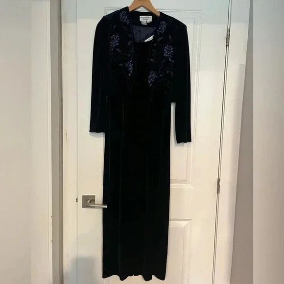 Vintage Adrianna Papell Occasions Gown & Bolero Matching Set Navy Velour 10P - Picture 2 of 9